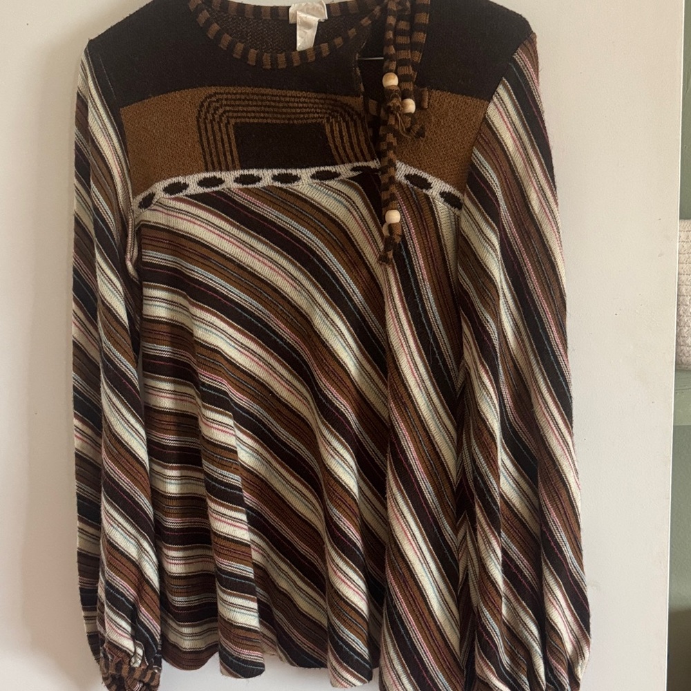 Vintage Striped Tie-Neck Sweater in Brown, Cream & Black